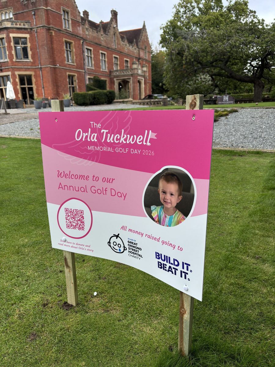 Welcome sign for The Orla Tuckwell Memorial Golf Day 2026, with Orla's photo, in front of The Hertfordshire Golf & Country Club